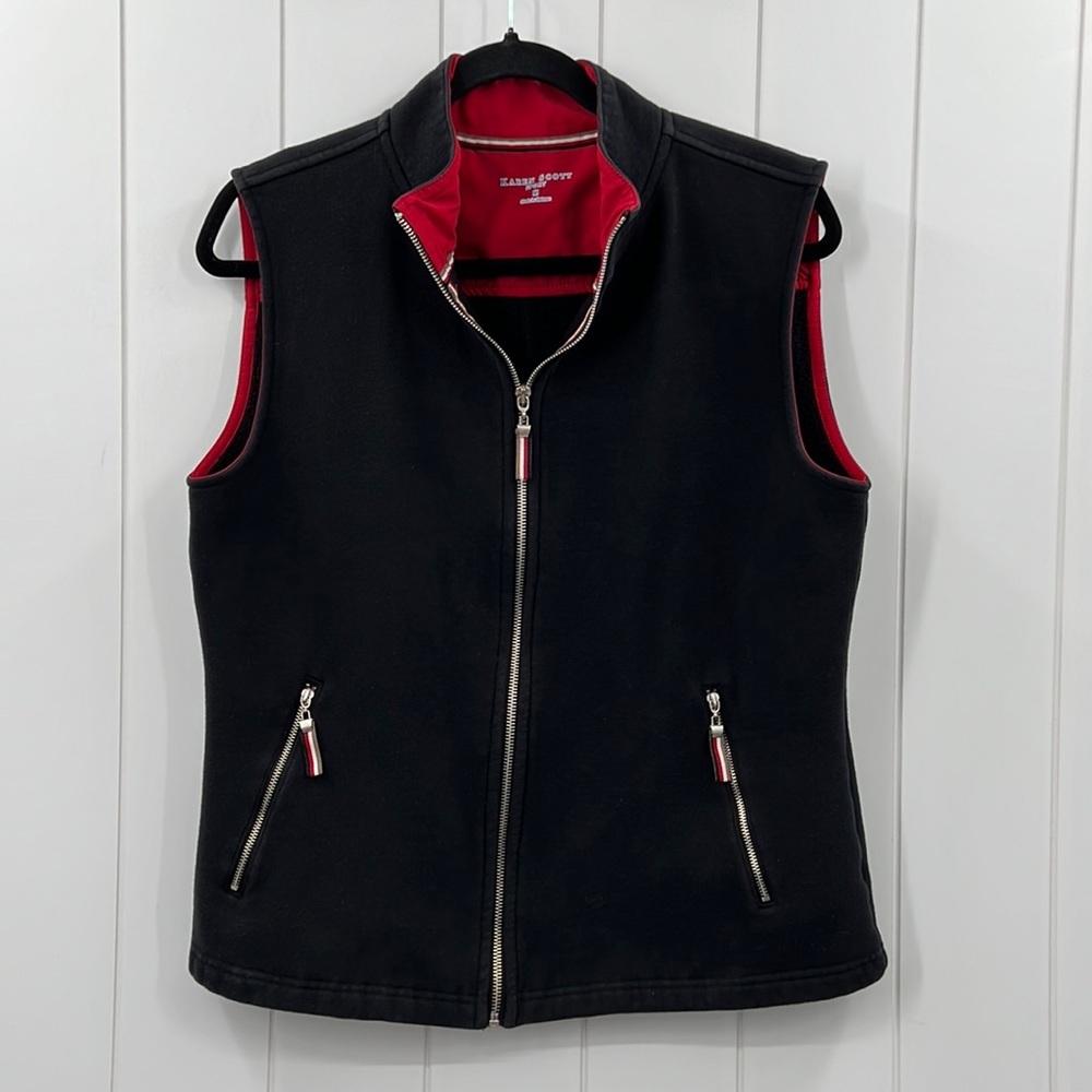 Karen Scott Fleece Vest Soft Black Cotton Zip Pockets Size Medium